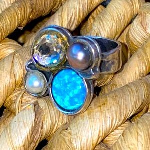 925 sterling ring, size 7.5. Simulated Australian opal, FW pearls and crystal